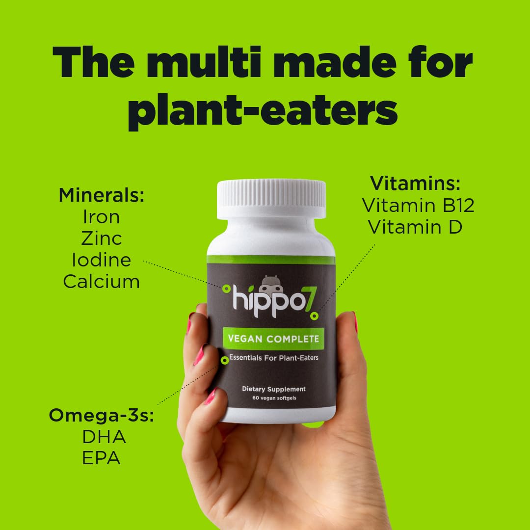 Hippo7 vegan multivitamin bottle back shows supplement facts for informed daily use.