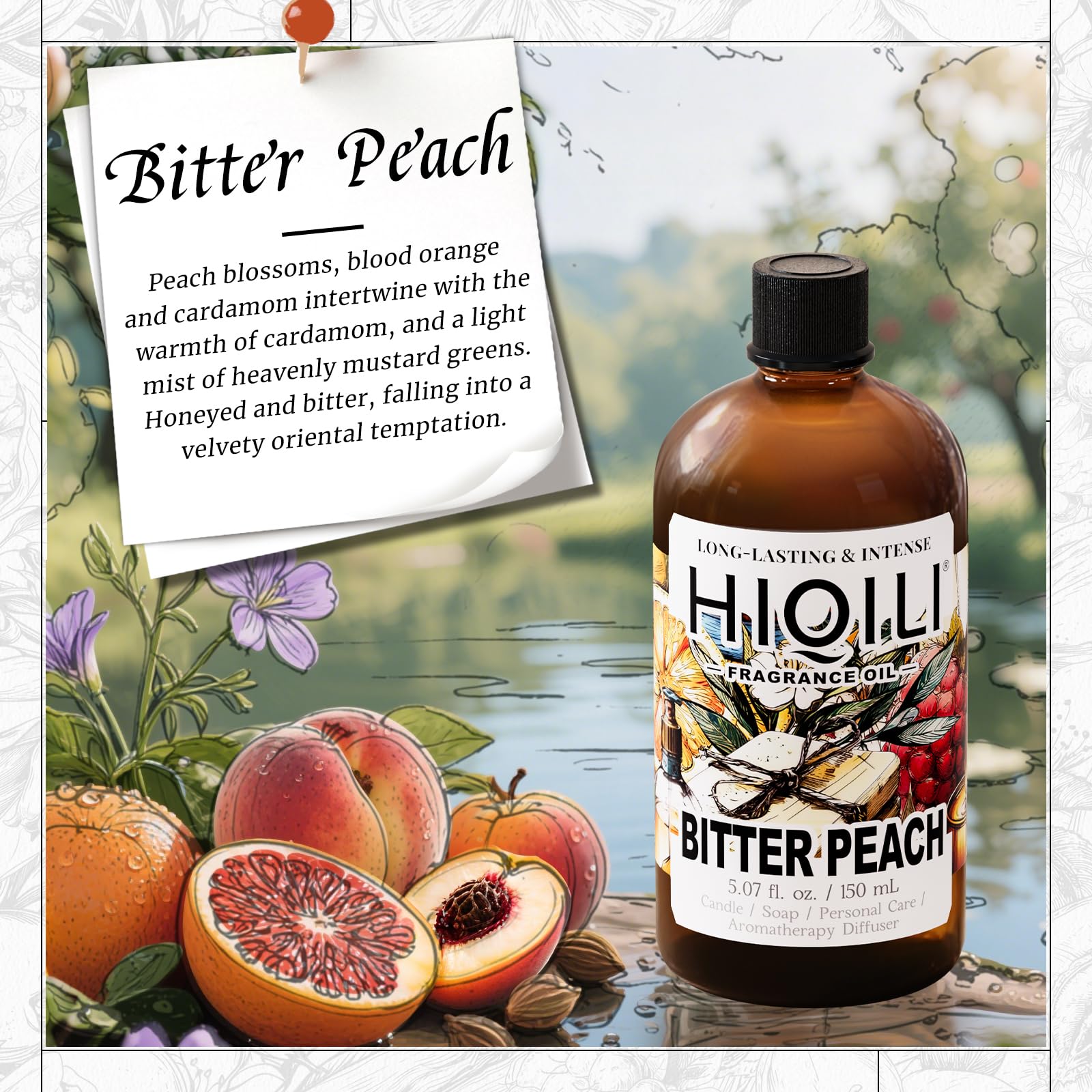 HIQILI Bitter Peach fragrance oil diffuser bottle to enhance room ambiance.