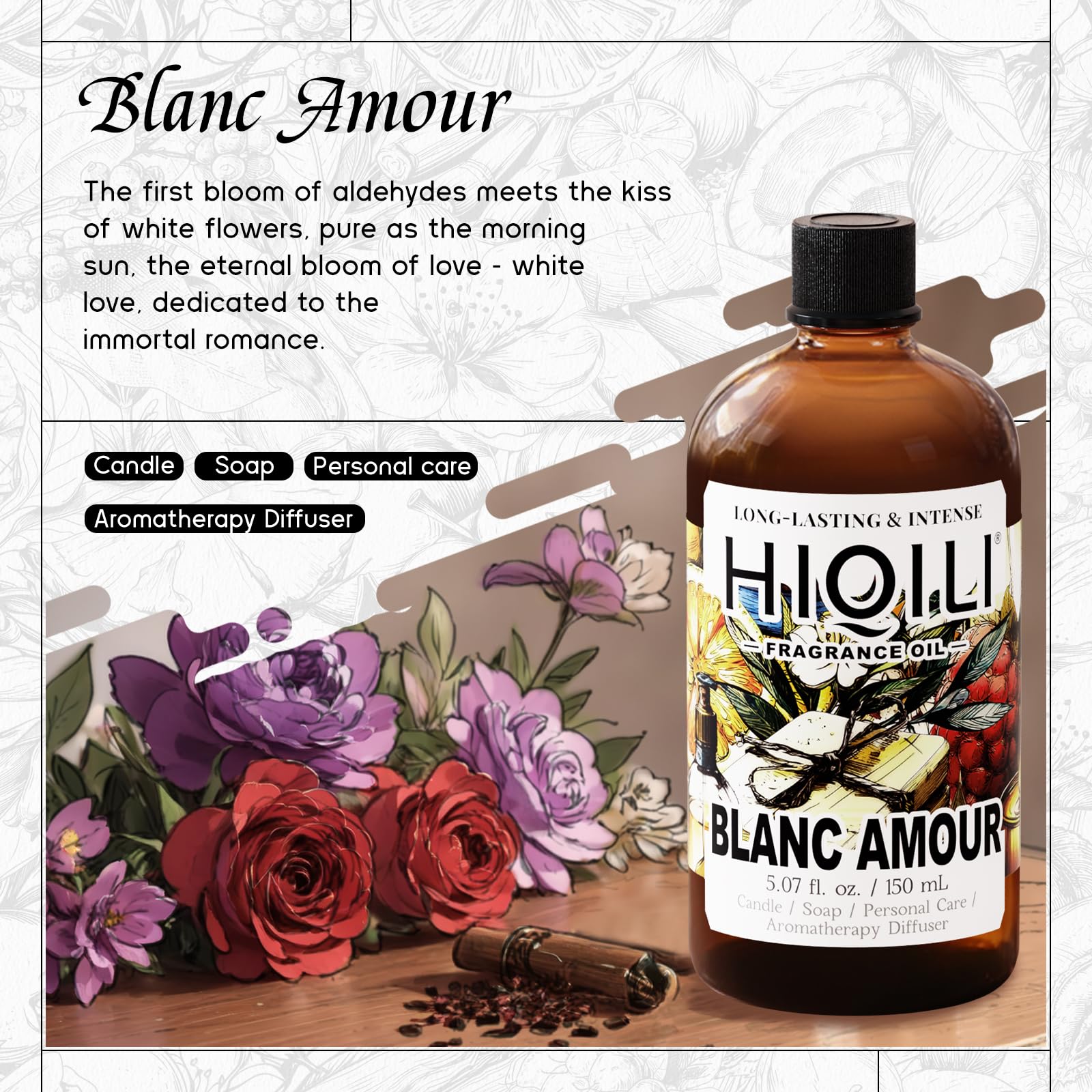HIQILI Blanc Amour fragrance oil dropper shows precise measurement for consistent blends.