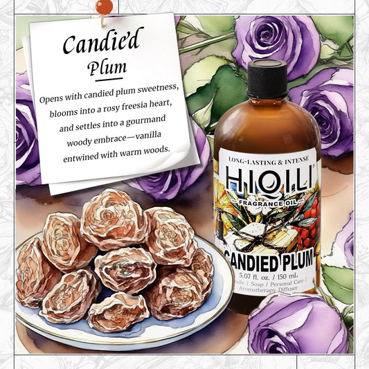 Close-up of HIQILI Candied Plum label shows premium fragrance details.