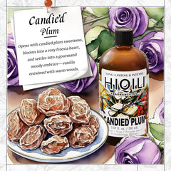 Close-up of HIQILI Candied Plum label shows premium fragrance details.