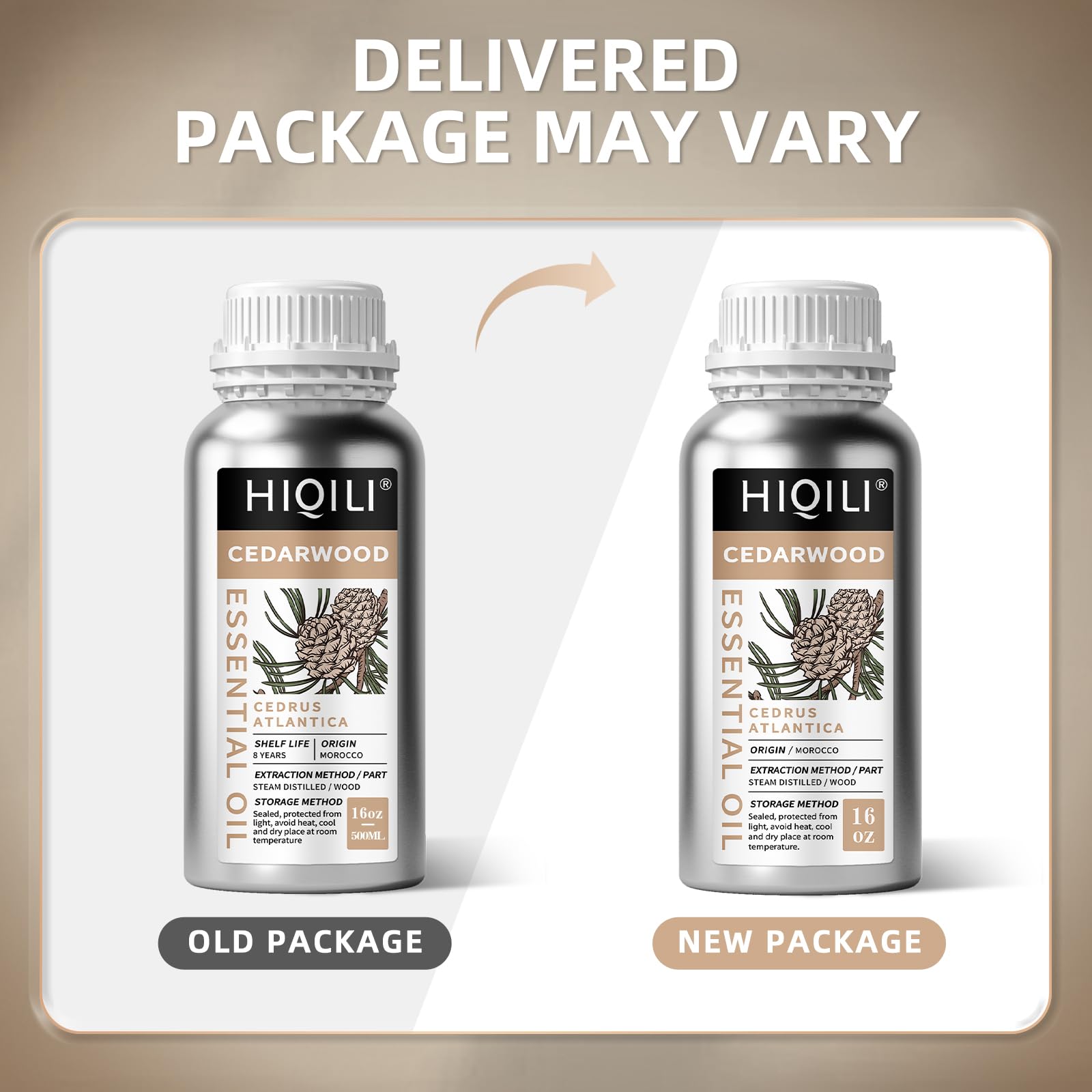 HIQILI cedarwood oil packaging showing safety and COA notes.