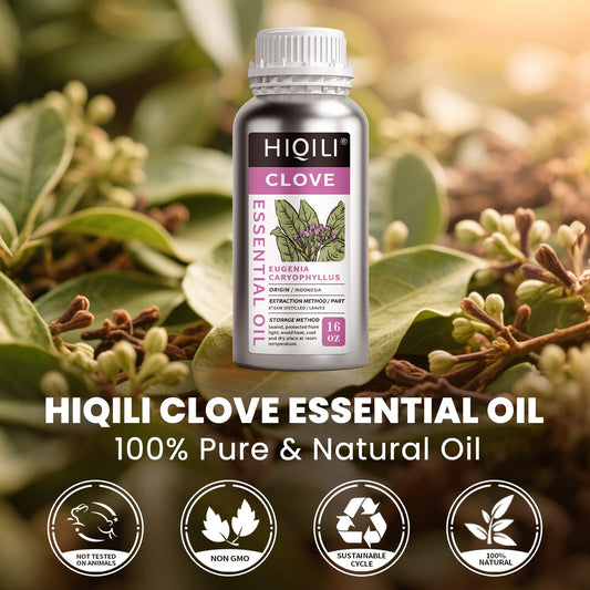 HIQILI clove oil in amber bottle preserves purity and storage.