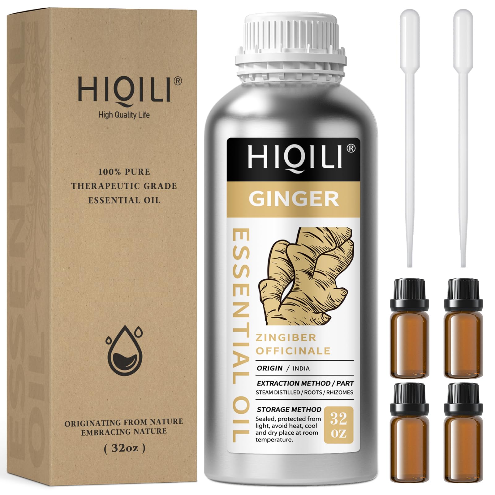 HIQILI Ginger Oil bottle 32oz ready for diffusion, massage, and skin care