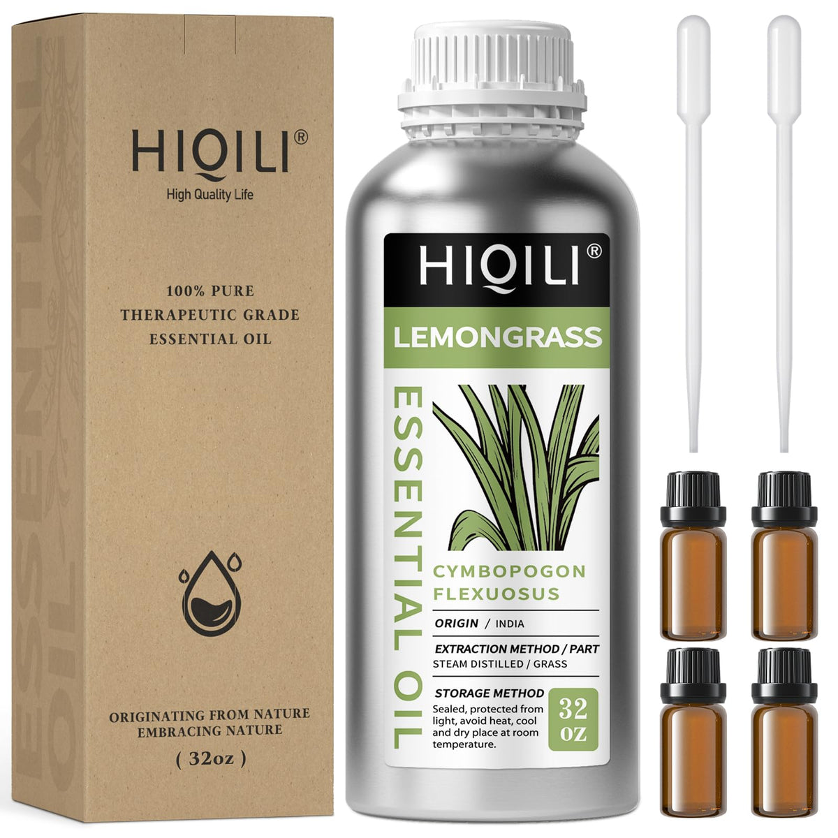 Hiqili lemongrass oil bottle showing pure aroma for diffusers and blends