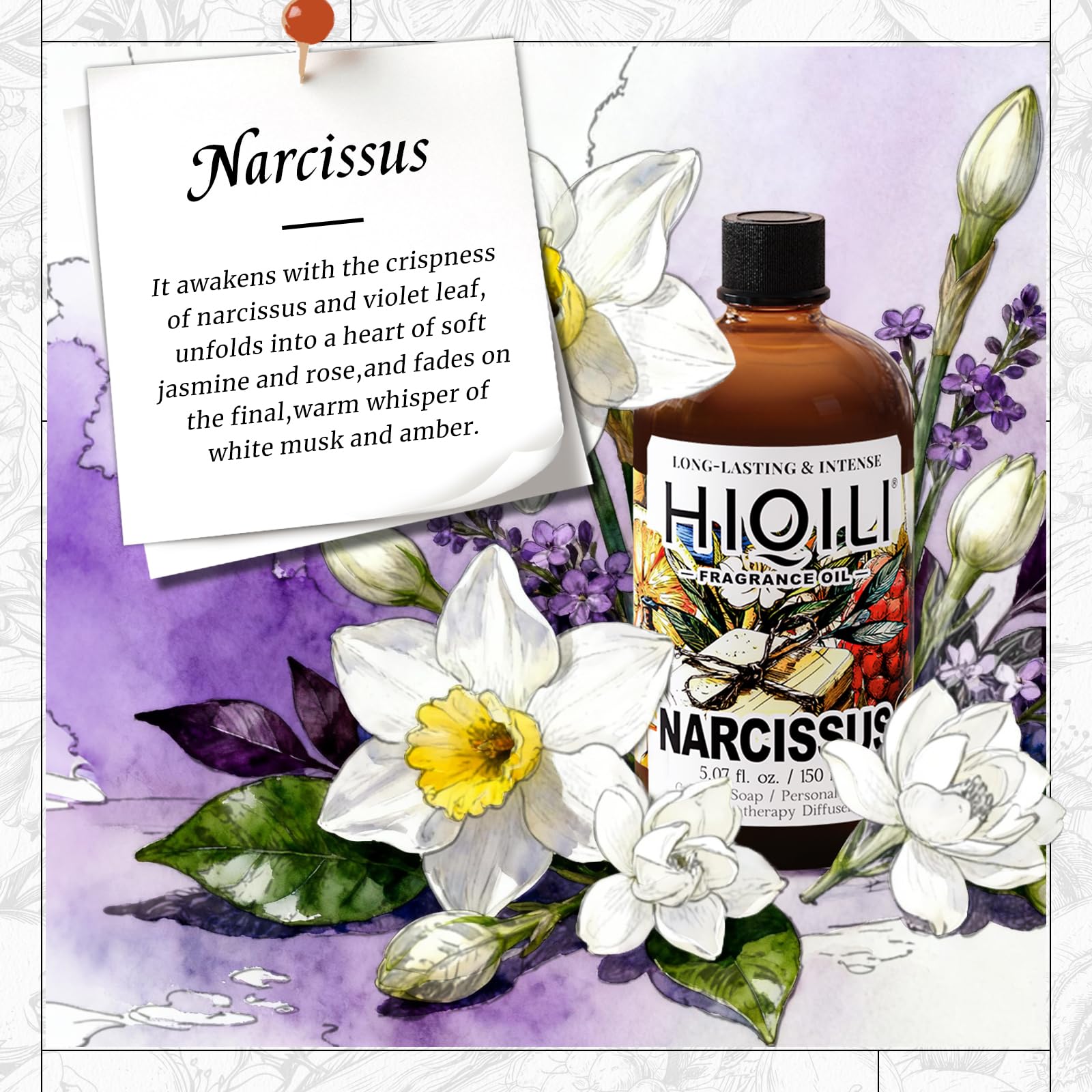 HIQILI Narcissus fragrance oil in diffuser setup for serene workspace ambiance