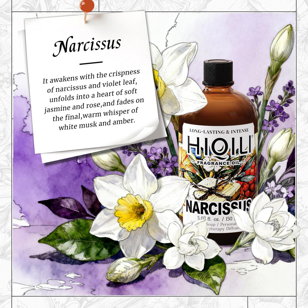 HIQILI Narcissus fragrance oil in diffuser setup for serene workspace ambiance