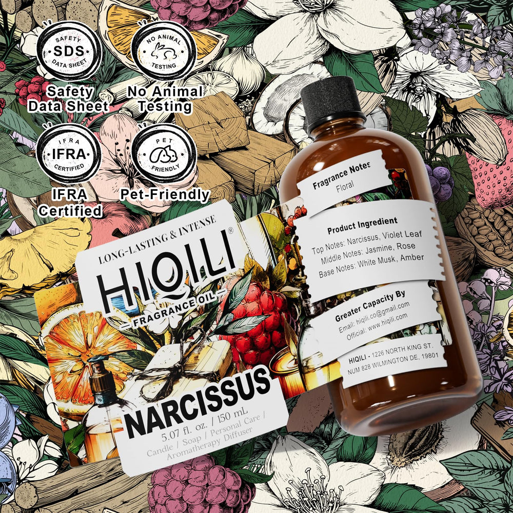 HIQILI Narcissus fragrance oil packaging highlighting quality and storage