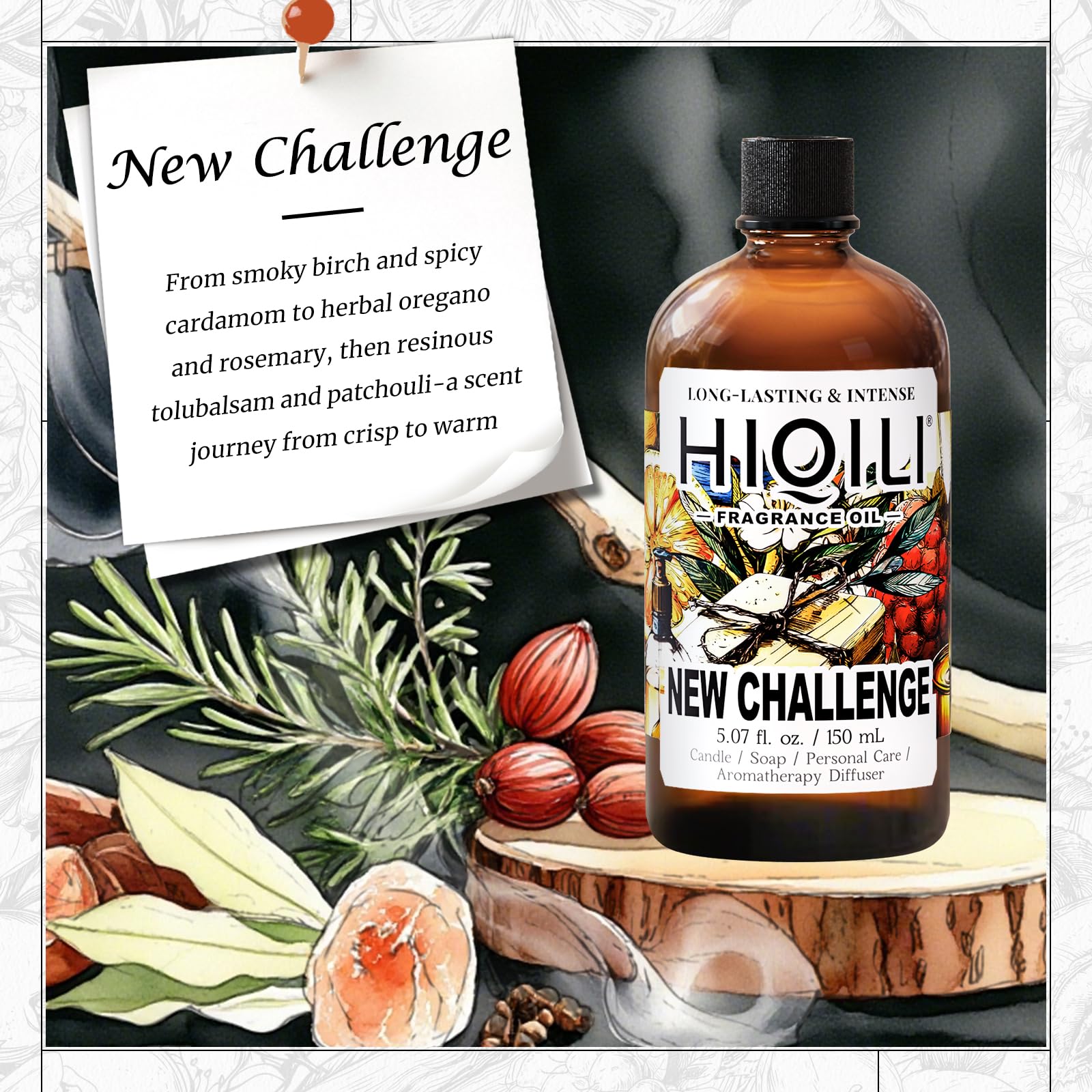 Close-up of HIQILI New Challenge fragrance oil bottle with dropper for precise use.