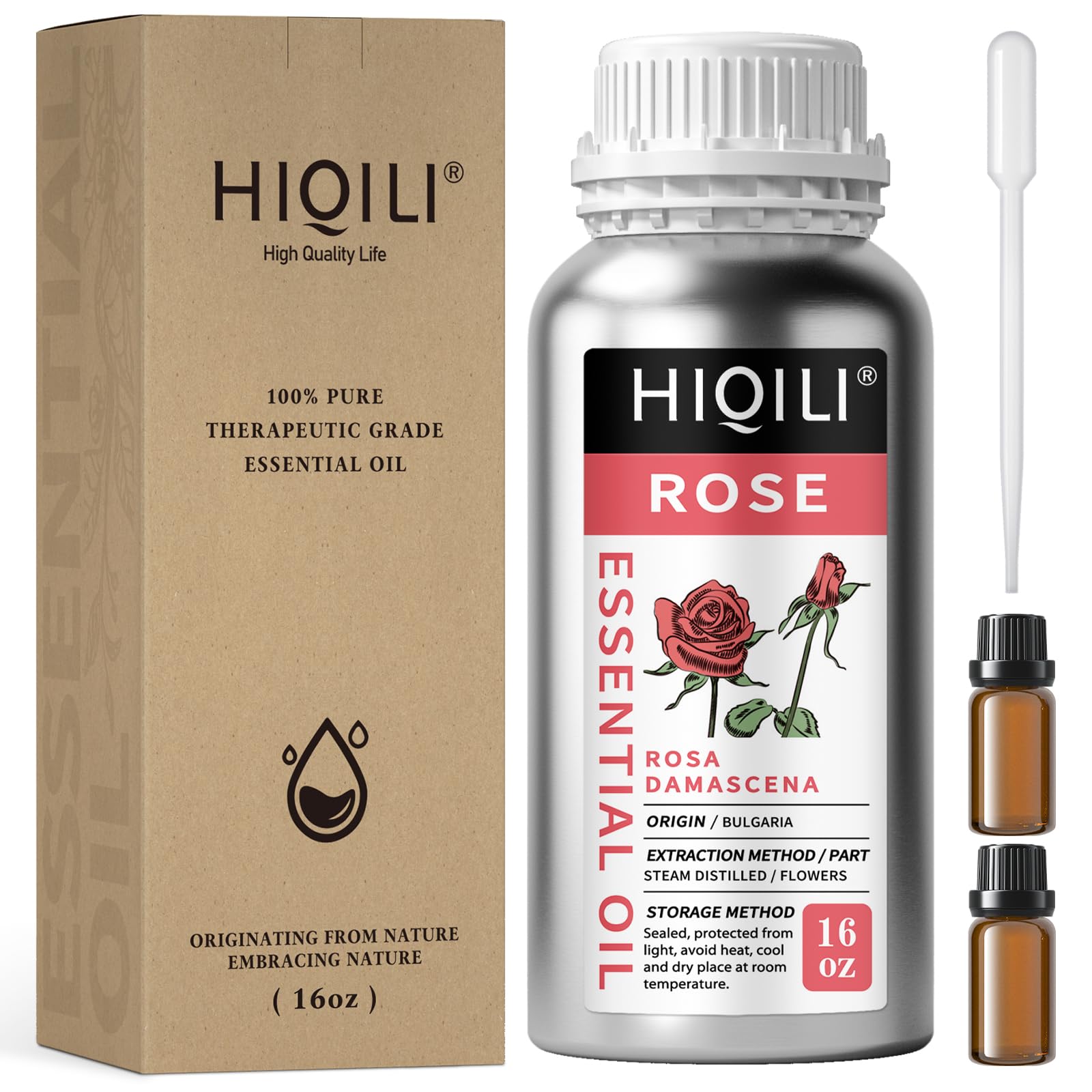 HIQILI Rose essential oil bottle closeup, ideal for diffuser aromatherapy