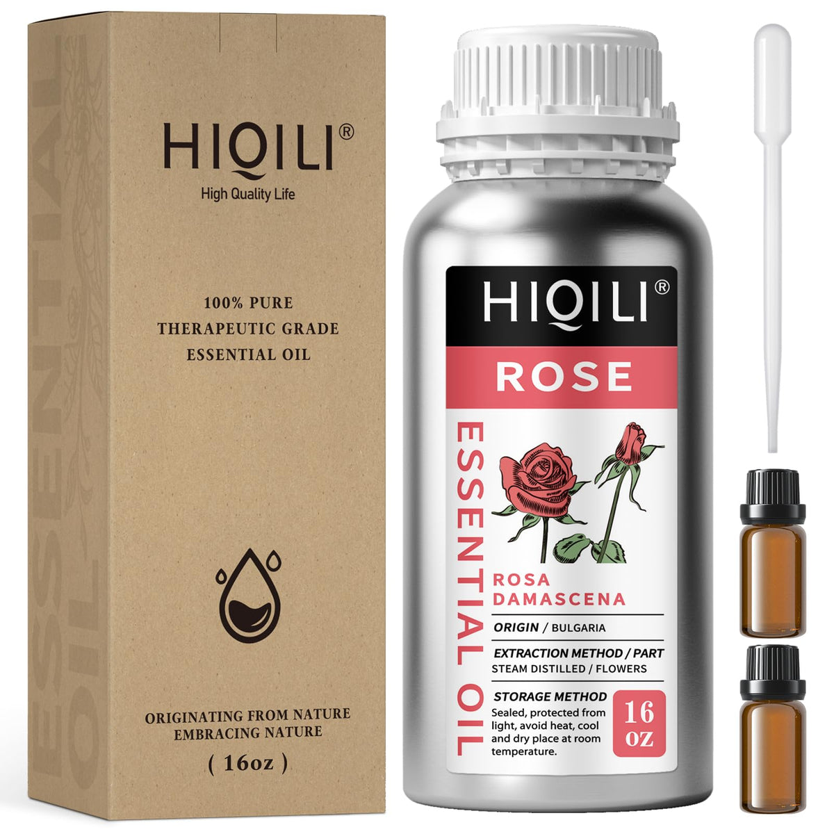HIQILI Rose essential oil bottle closeup, ideal for diffuser aromatherapy