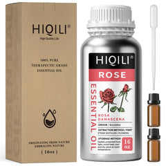 HIQILI Rose essential oil bottle closeup, ideal for diffuser aromatherapy