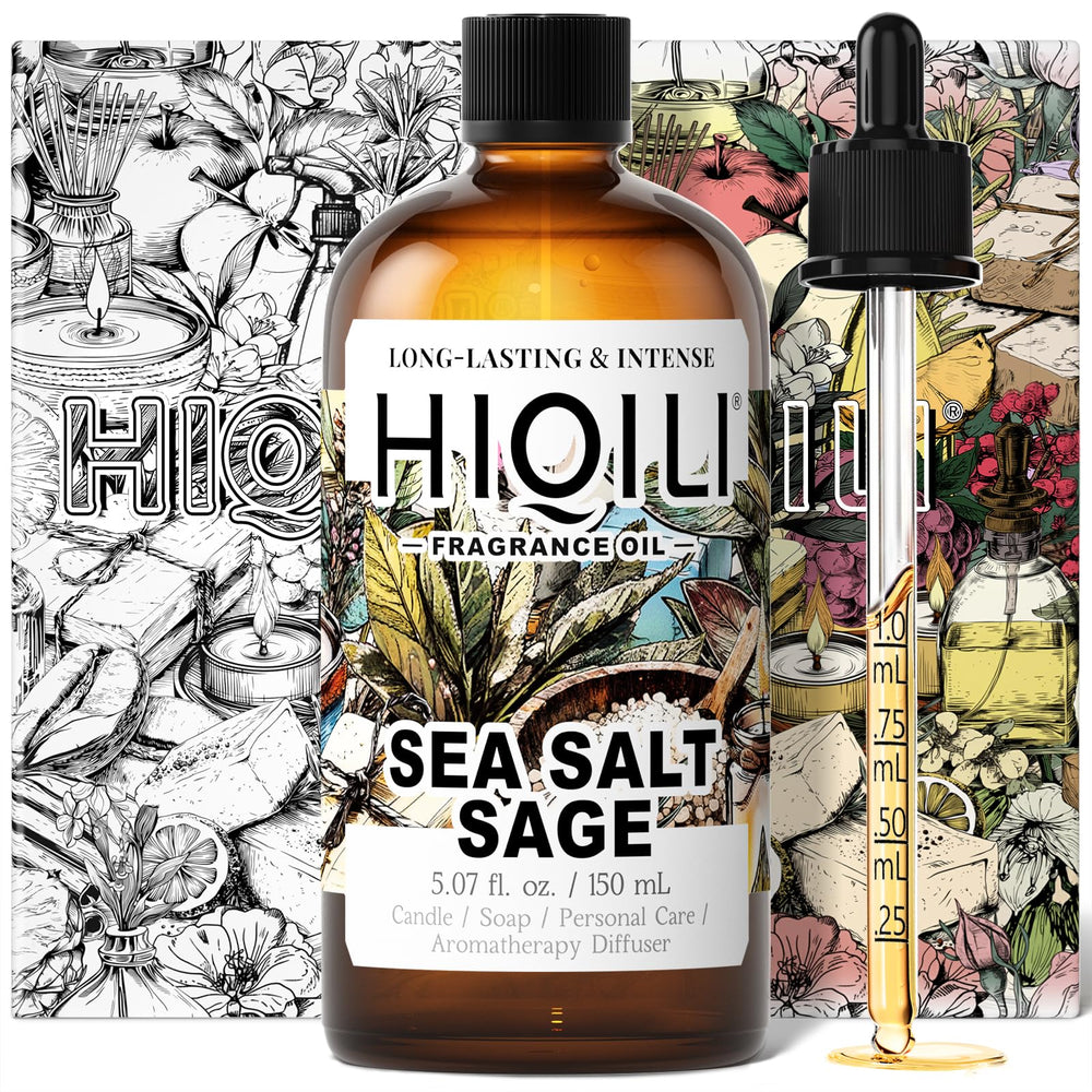 HIQILI Sea Salt Sage diffuser oil in a clear bottle for fresh home ambiance.