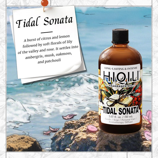 HIQILI Tidal Sonata candle-making scene highlighting citrus and ocean notes for ambience.