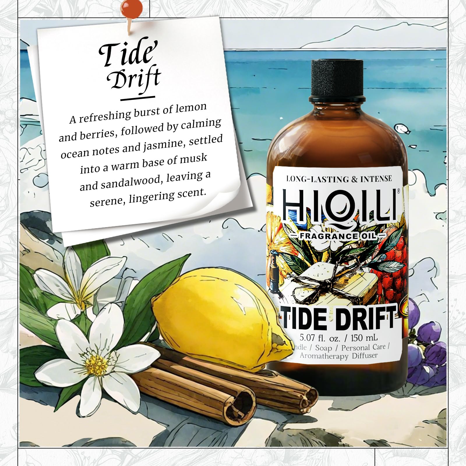 HIQILI Tide Drift fragrance oil label displaying ocean and jasmine notes.