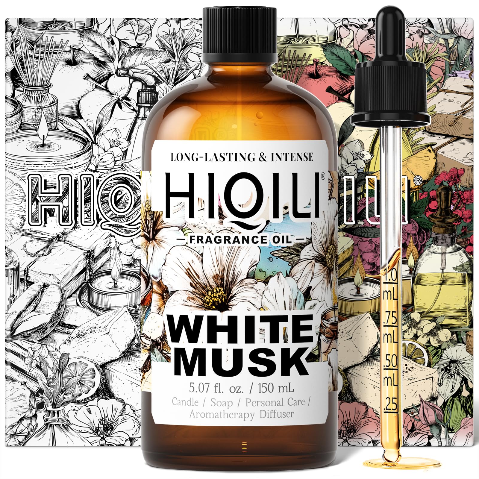 HIQILI White Musk fragrance oil bottle close-up for rich, versatile scent creation in DIY projects.