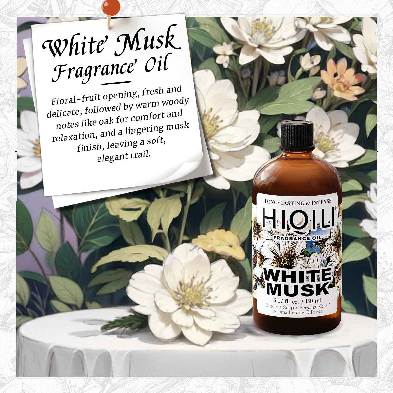 HIQILI White Musk fragrance oil drops for diffuser use, enhancing room ambiance and car freshening.