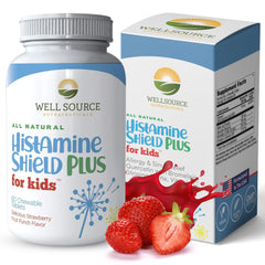 Histamine Shield Plus Kids strawberry punch bottle offering gentle allergy support.