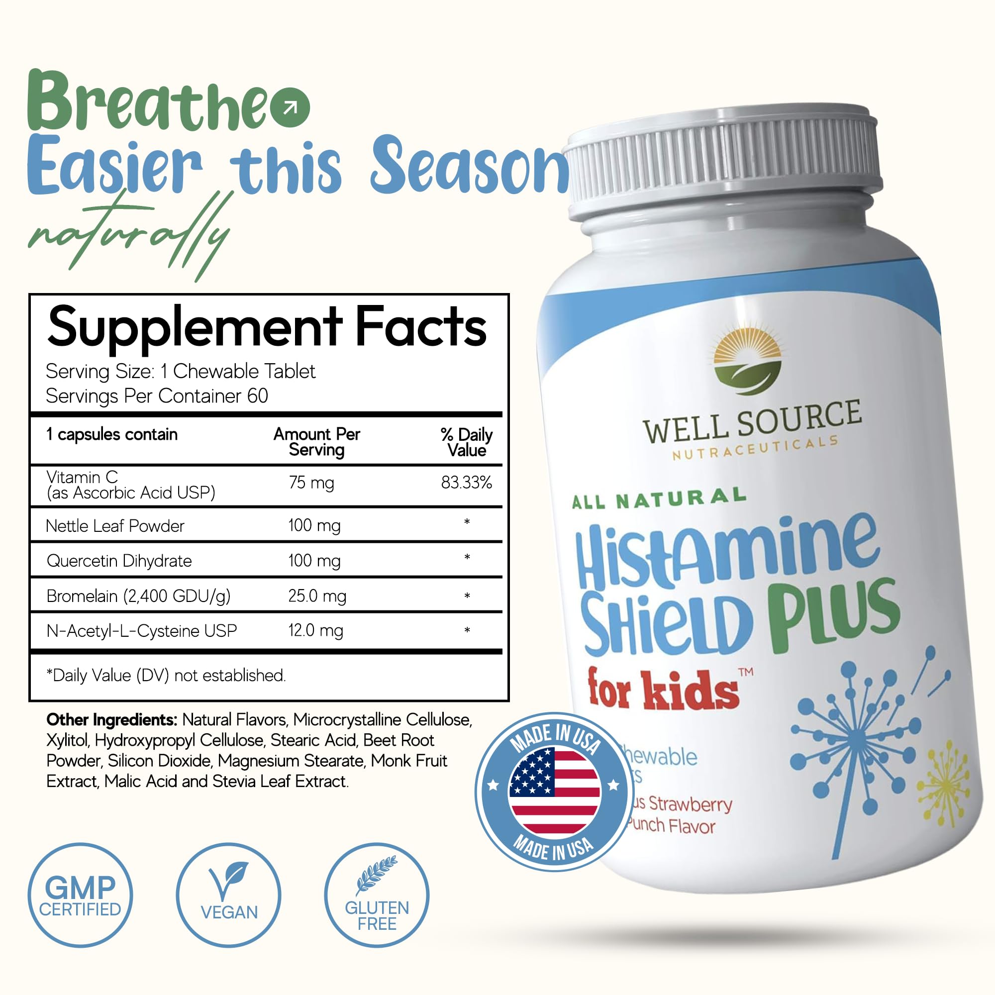 Histamine Shield Plus Kids chewables strawberry punch tablets close-up for easy dosing.