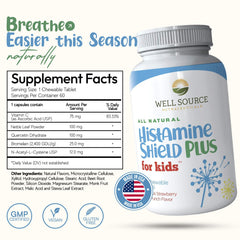 Histamine Shield Plus Kids chewables strawberry punch tablets close-up for easy dosing.