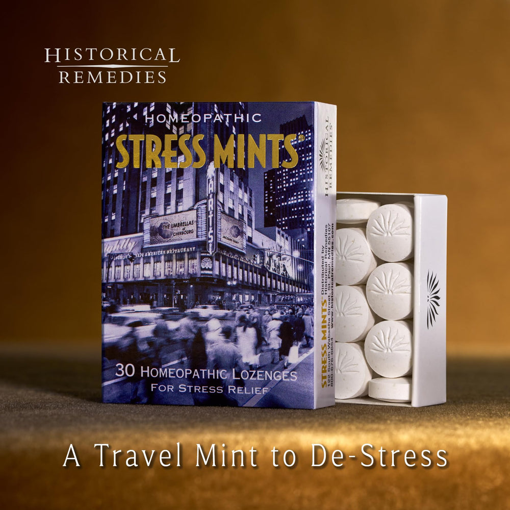 Stress Mints lozenges close-up showing organic peppermint flavor for calming mood and digestion.