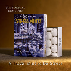 Historical Remedies Stress Mints slipcase highlighting portable, eco-friendly packaging.