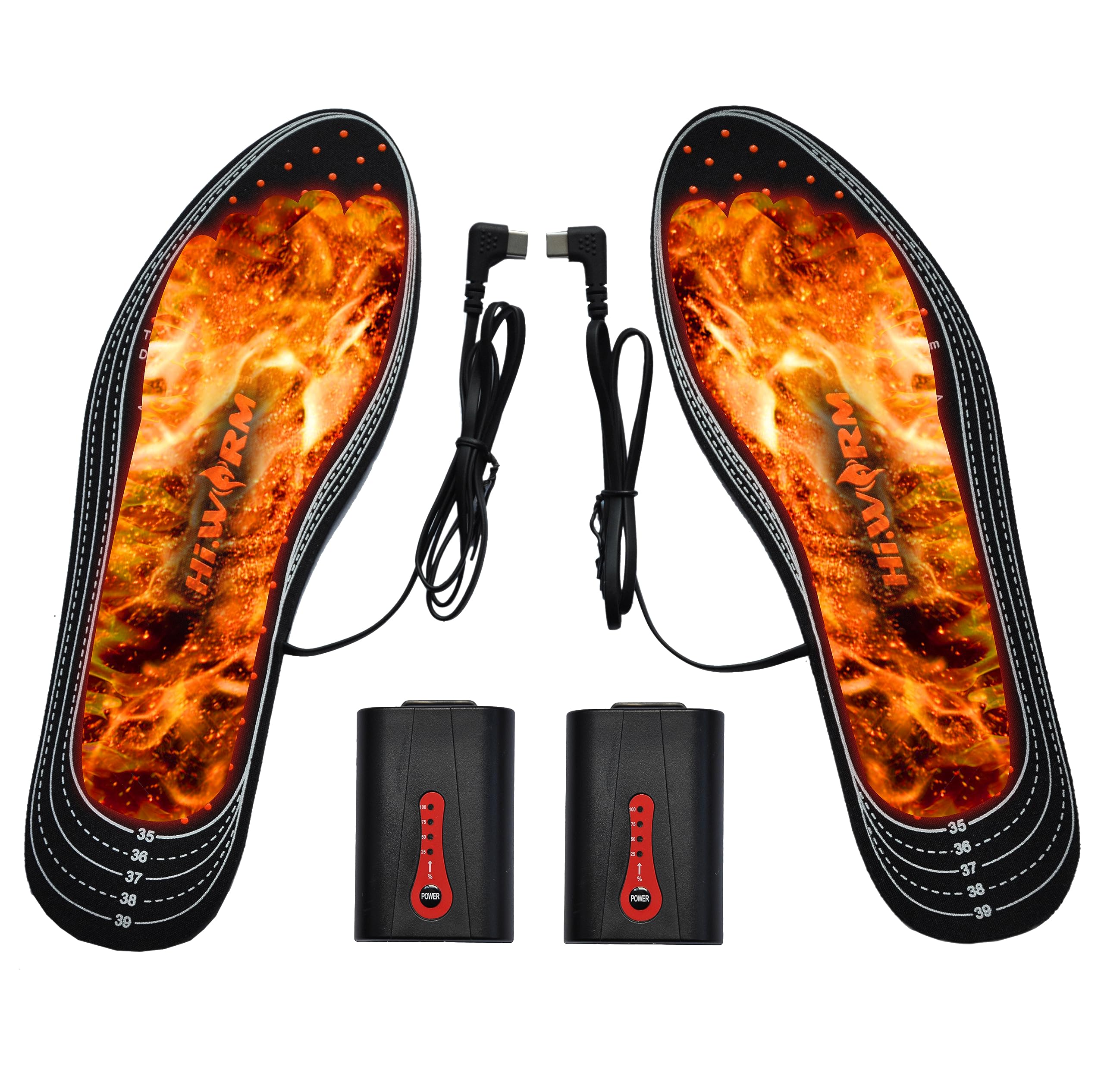 HIWARM heated insoles with full heat zone from toes to heel for consistent warmth.