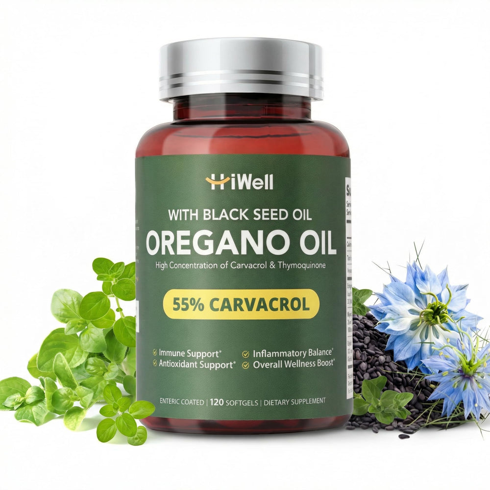 HiWell Oil of Oregano with Black Seed Oil bottle showing powerful immune support.