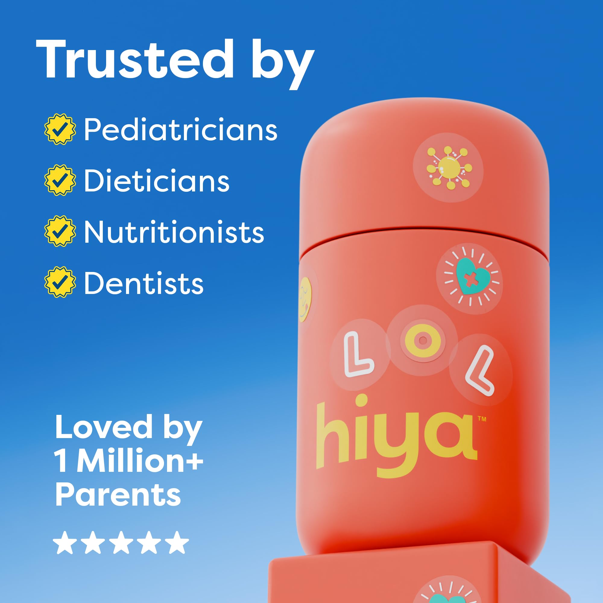HIYA Iron+ Kids certification badge indicates third-party testing and safety.