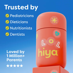 HIYA Iron+ Kids certification badge indicates third-party testing and safety.