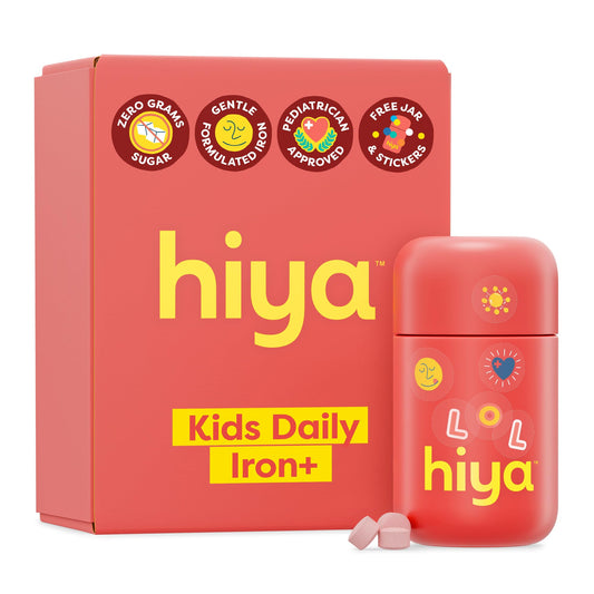 HIYA Iron+ Kids strawberry chew demonstrates gentle absorption for daily growth support.