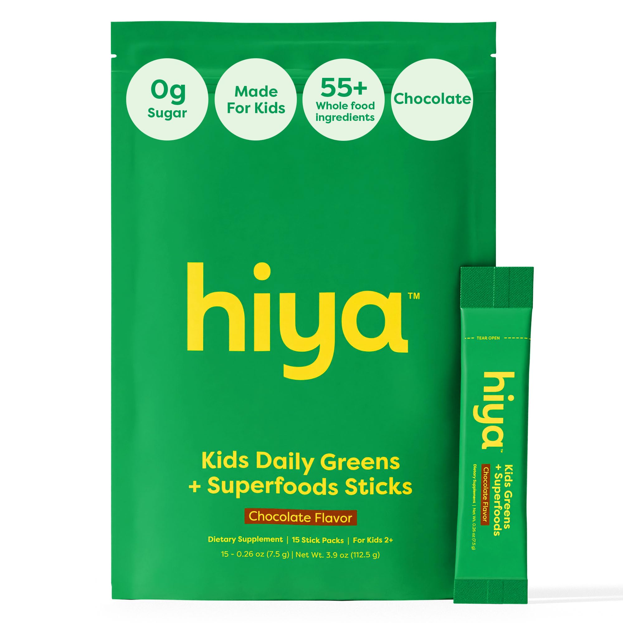 HIYA Kids Greens Powder chocolate bottle shows a kid-friendly daily greens ritual