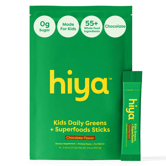 HIYA Kids Greens Powder chocolate bottle shows a kid-friendly daily greens ritual
