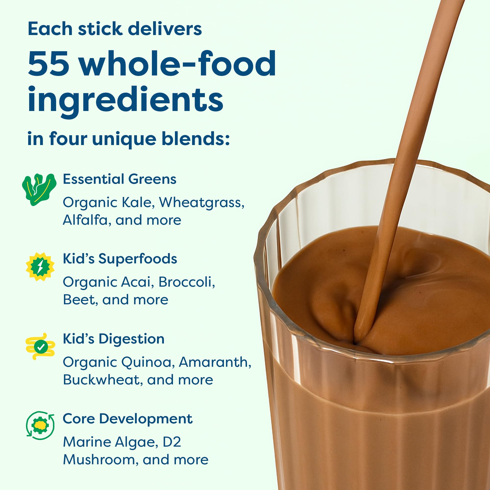 HIYA Kids Greens Powder chocolate spoon highlights smooth texture for blending