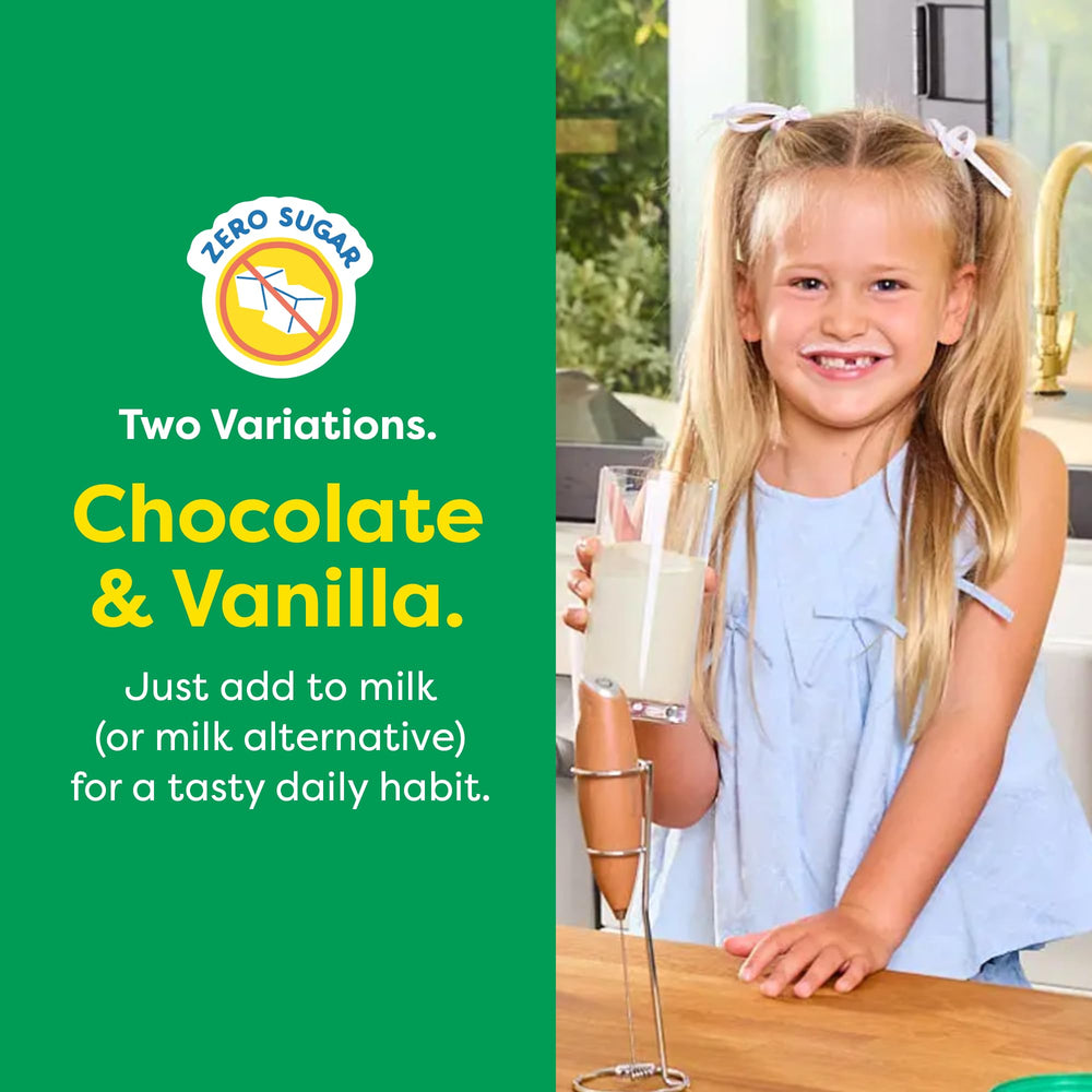 HIYA Kids Greens Powder Sticks No-Sugar Vanilla flavor blends into milk smoothly