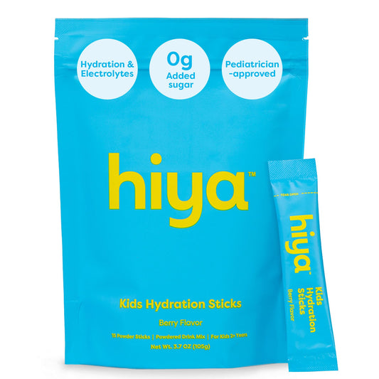 Hiya Kids Hydration berry-flavored stick pack for easy on-the-go hydration for active kids.