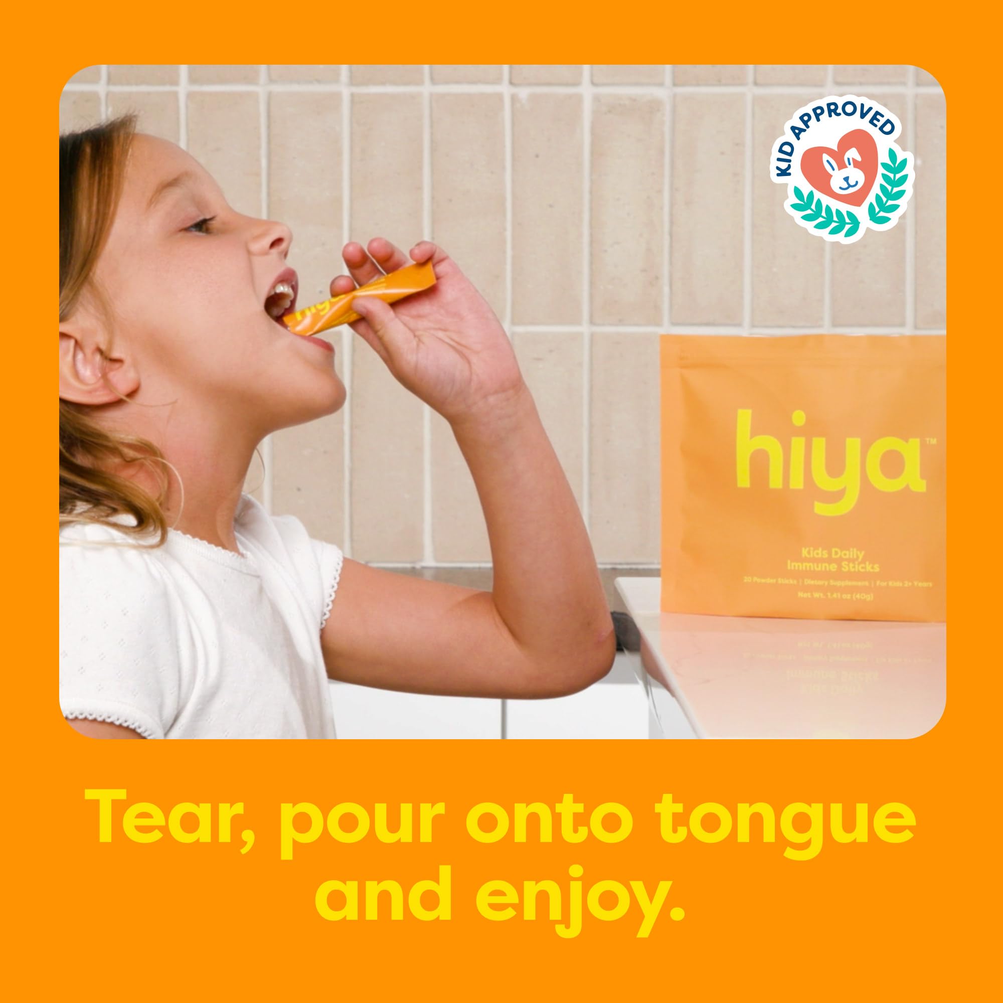 Hiya Kids Immune Support label highlighting 0g sugar per stick.