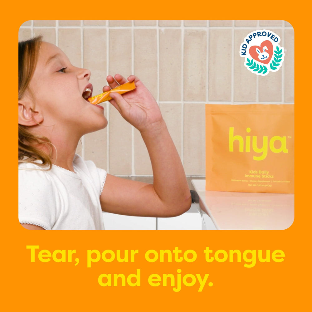 Hiya Kids Immune Support label highlighting 0g sugar per stick.