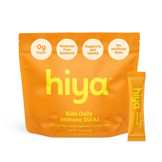Hiya Kids Immune Support stick pack front view, sugar-free daily immunity option.