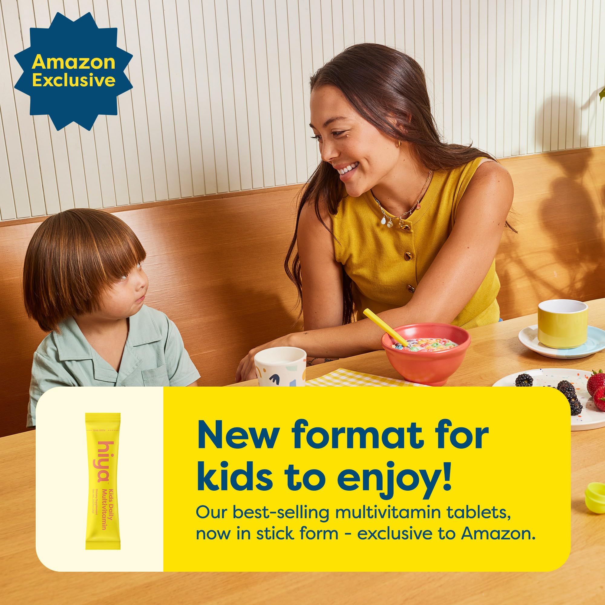 Hiya kids multivitamin stick pack highlighting convenient single-dose packs.