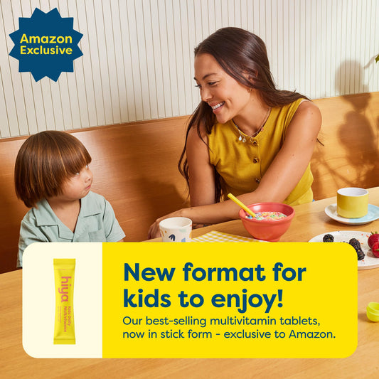 Hiya kids multivitamin stick pack highlighting convenient single-dose packs.