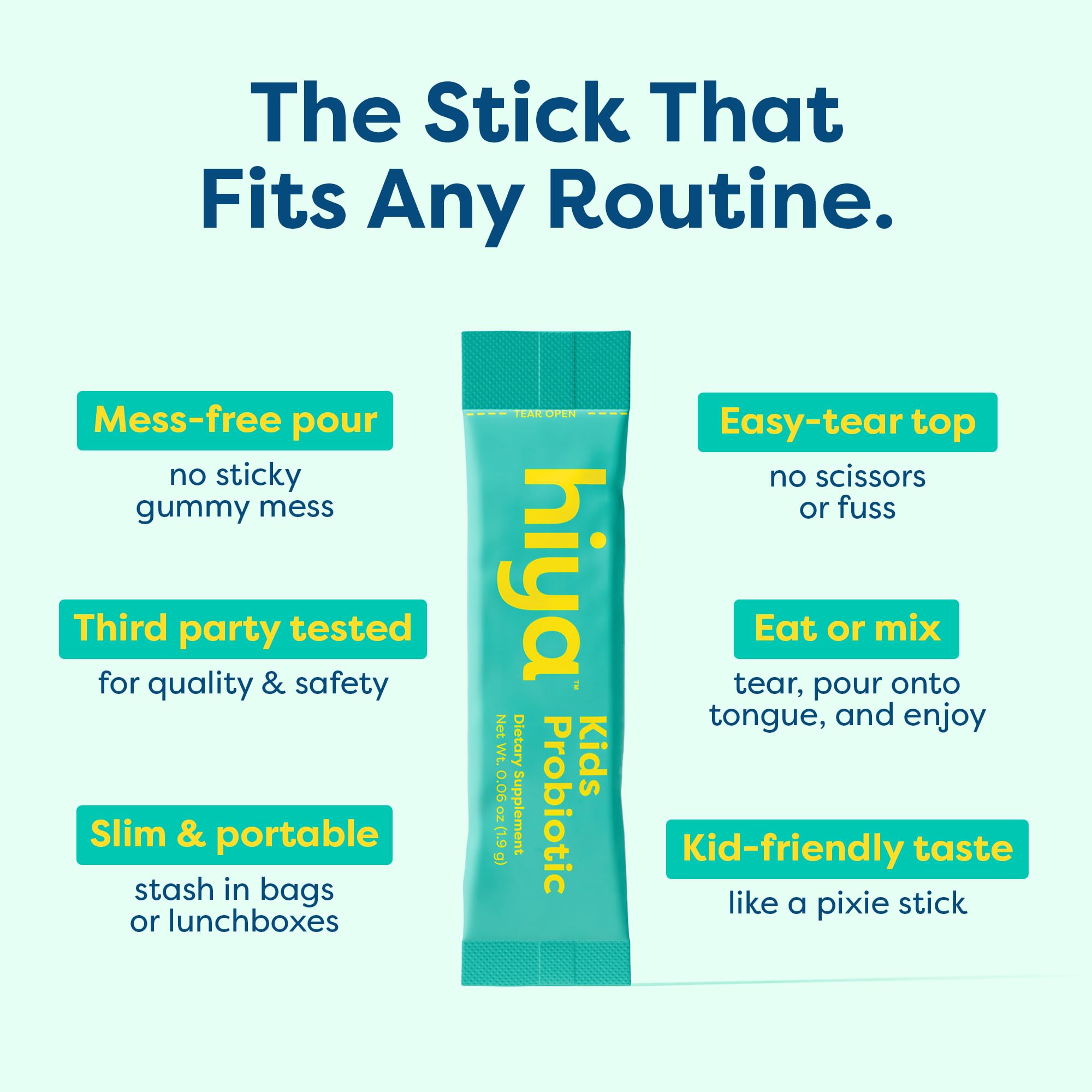 Hiya Kids Probiotic no refrigeration needed for easy daily use anywhere