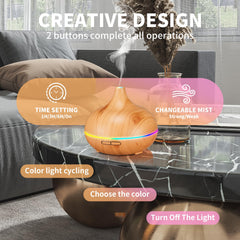 HLS Aroma Diffuser wood grain design blends with living room decor.