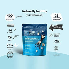 HLTH CODE Complete Meal Shake vanilla bowl mix shows fiber-rich gut-friendly formula.