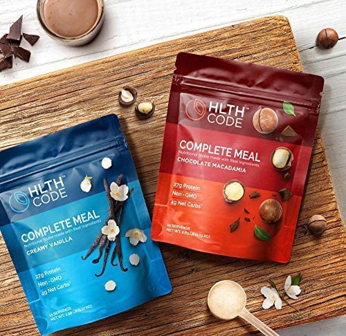 HLTH CODE Complete Meal Shake vanilla packaging with labels communicates gluten-free formula.