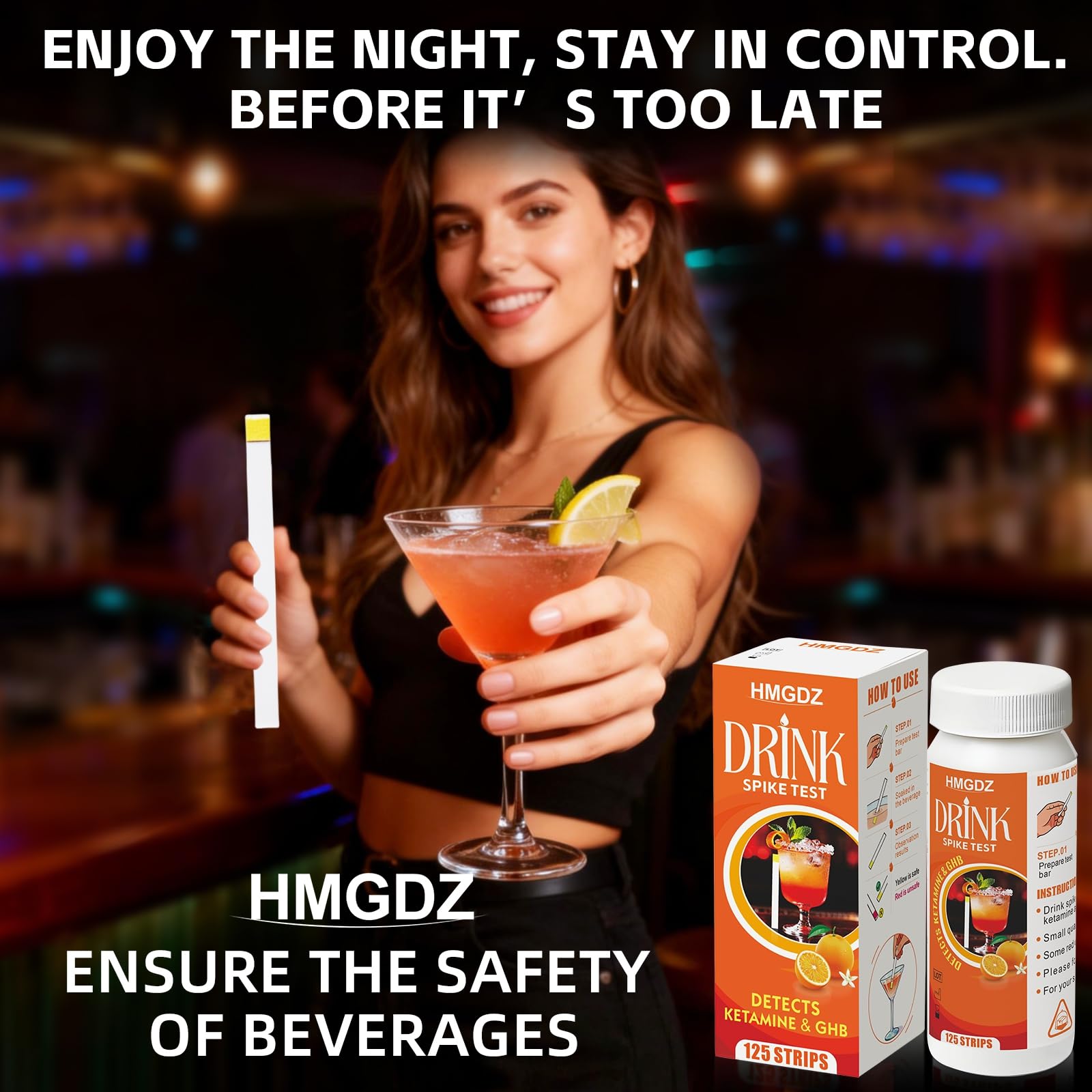 HMGDZ Spiked Drink Test Strips in use at a party to test beverages