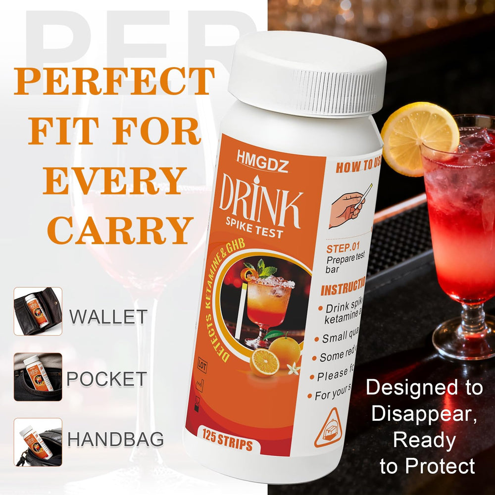 HMGDZ Spiked Drink Test Strips package includes 100 strips and guide