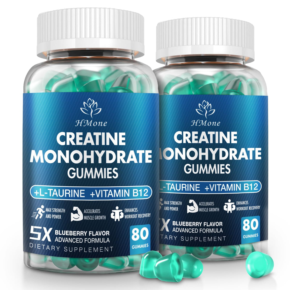 HMone Creatine Monohydrate Gummies blueberry bottle for convenient vegan workout support.