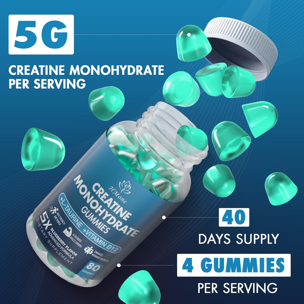 HMone Creatine Monohydrate Gummies blue blueberry chew close-up.