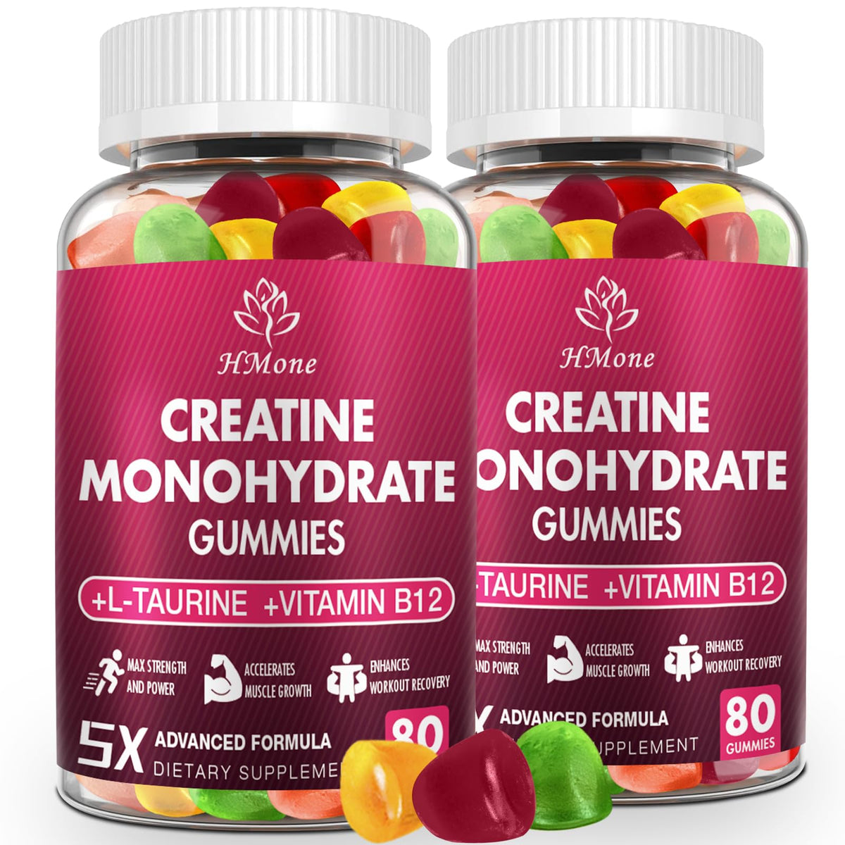 HMone Creatine Monohydrate Gummies bottle and pack shot showing convenient daily use